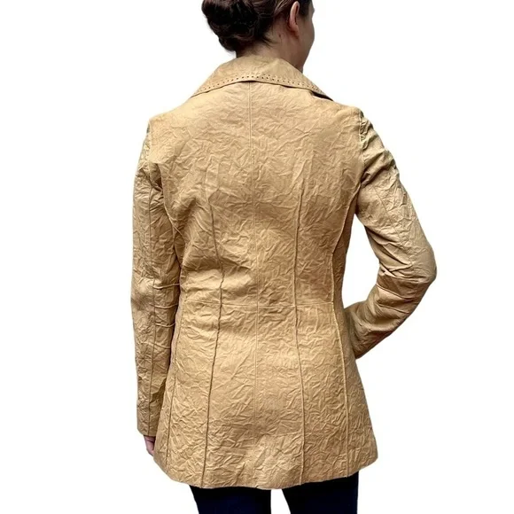 WILSONS LEATHER TAN DISTRESSED CRINKLE BUTTON DOWN NOTCH COLLAR BLAZER JACKET - Picture 2 of 15